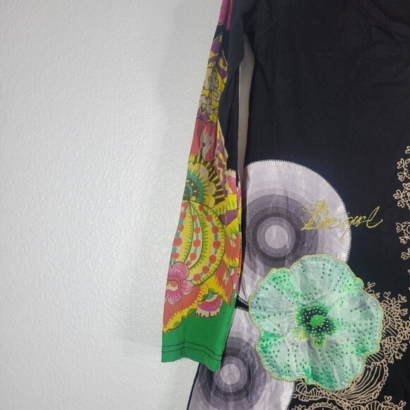 Desigual Long Sleeve Graphic Dress Large 90s Embroidered Floral Indie Sleeze - Picture 5 of 12